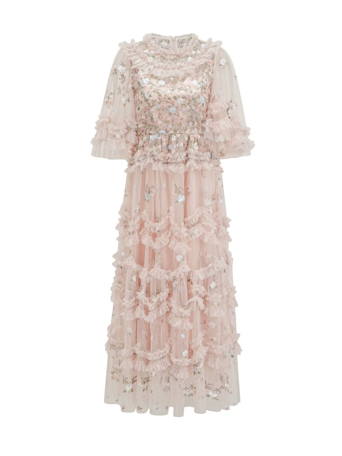 Sweet temperament pink dress cross-border European and American small flower embroidered mesh long skirt-GZXX454