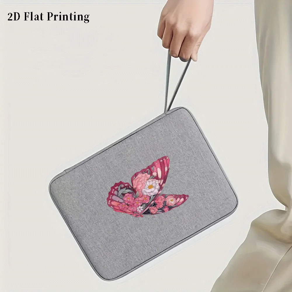 Pink Butterfly Flower Print Tablet Sleeve, Shockproof Anti-scratch Zipper iPad Bag with Portable Lanyard for 10.9-12.9 inch, Com