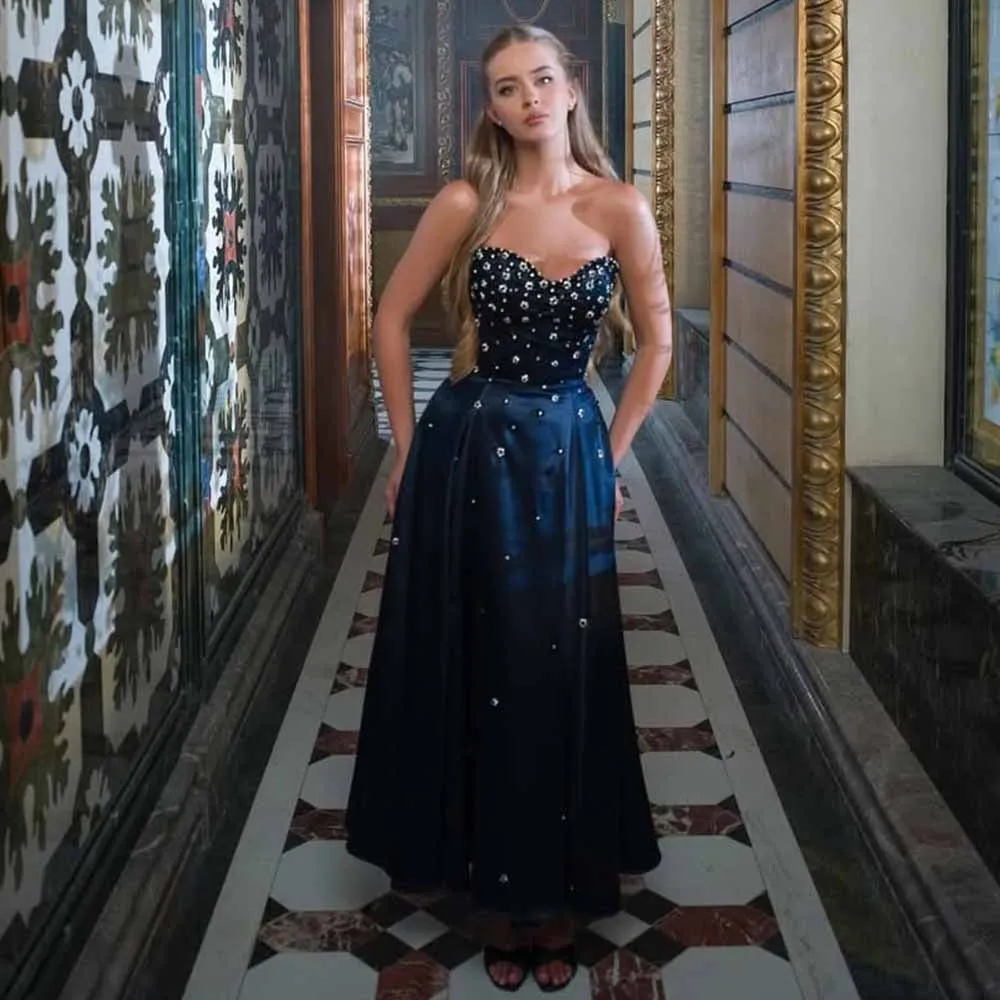 Luxury Women's Cocktail Dresses 2025 Satin A-line Prom Dresses Navy Blue Sweetheart Pearls Beads Ruched Birthday Party Dresses