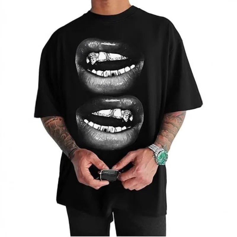 

Foufurieux American Fashion New Lip Pattern Loose Short Sleeved Round Neck T-shirt for Men's Summer New Street Style Top