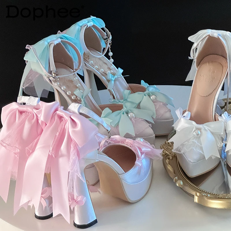 

Women's Wedding High Heels Subculture Gothic Thin Heels High Heel Pumps Woman's Sweet Elegant Bow Chain Lolita Mary Jane Shoes