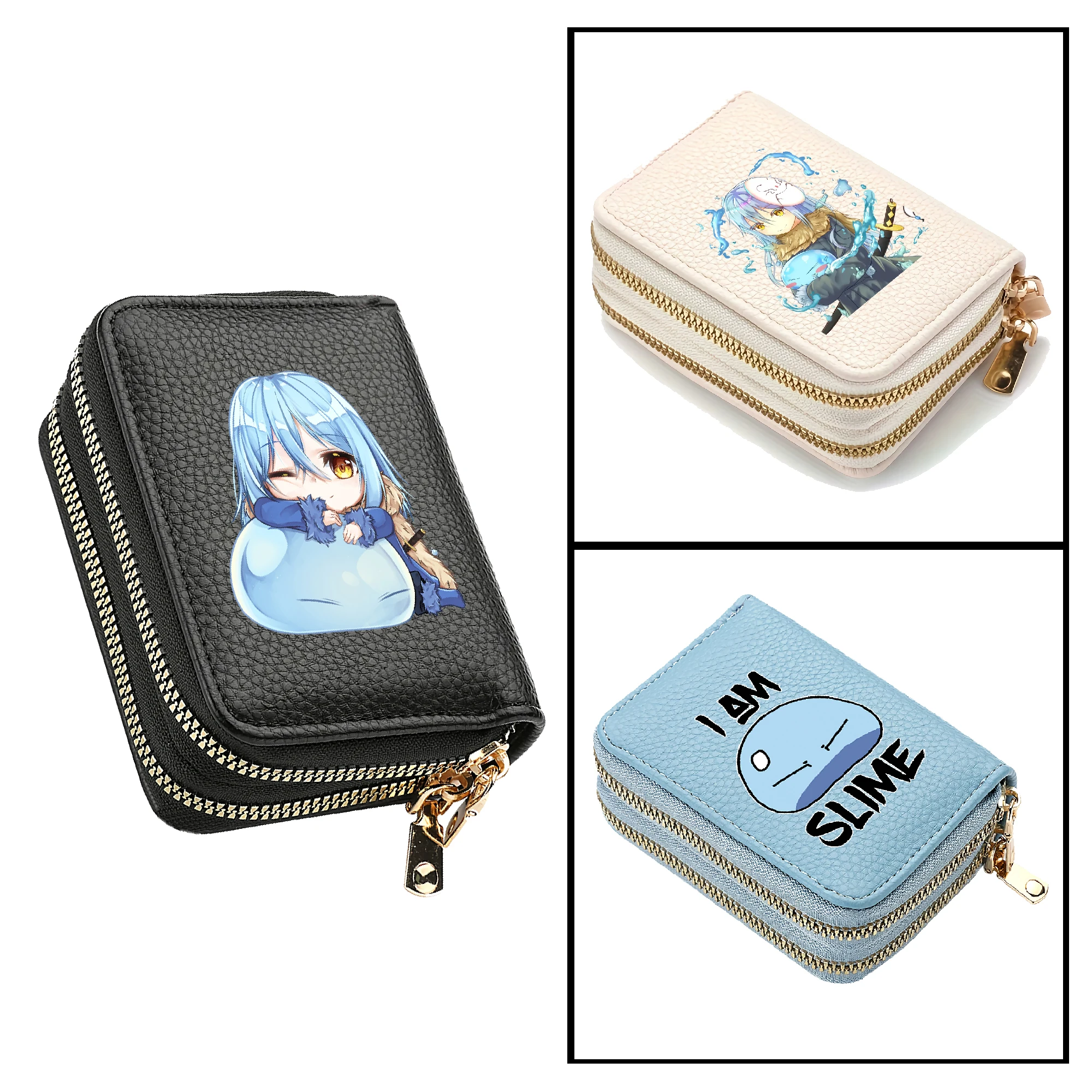

Аниме Rimuru Slime Girls с двойной молнией, милый короткий кошелек с мультяшным держателем для карт, кошелек для монет, маленький клатч, карманы для денег
