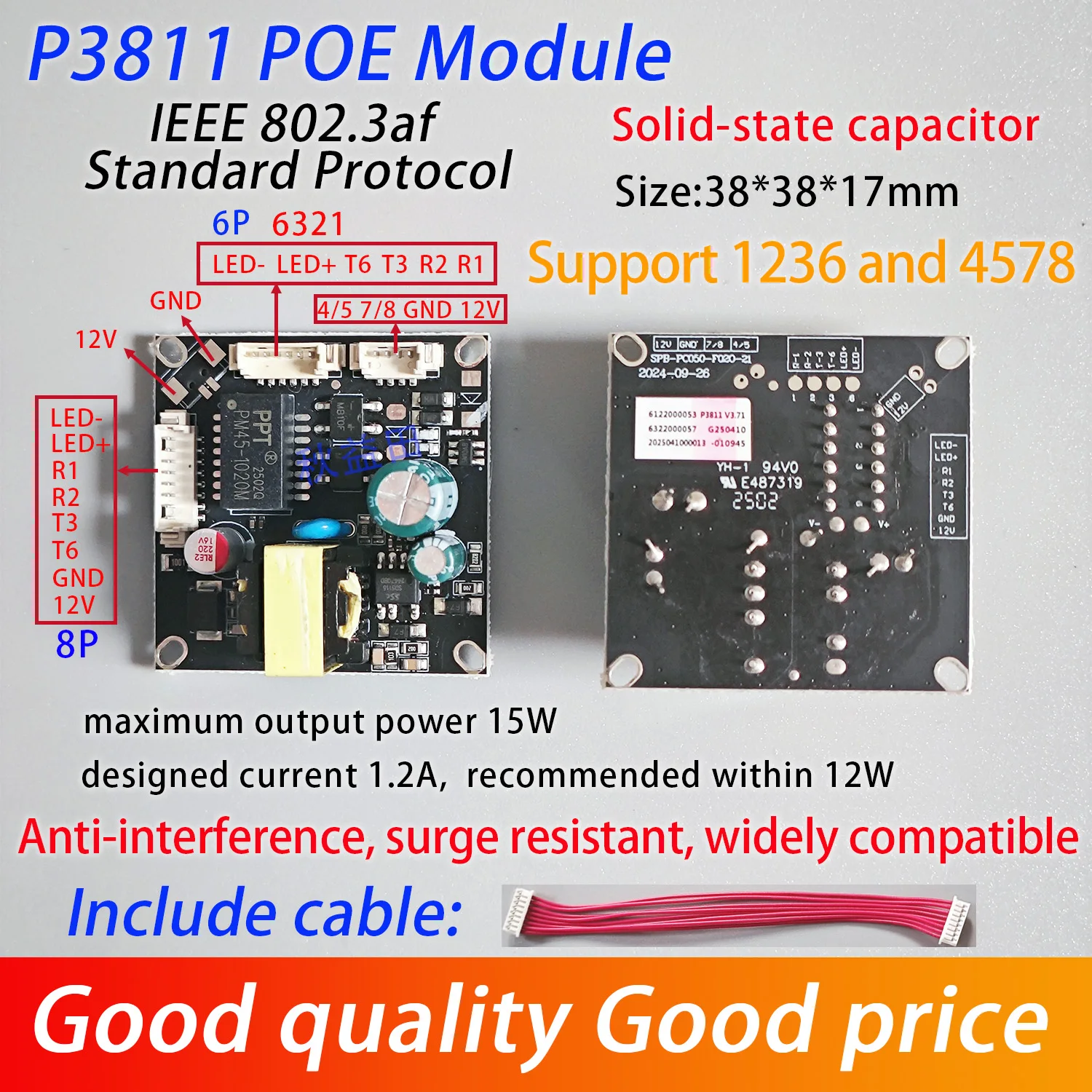 

PoE Module Board 48V to 12V for Surveillance Camera 1236 and 4578 Power Over Ethernet output IEEE802.3af