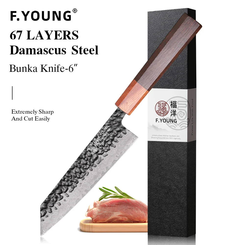 F.YOUNG 6 Zoll Japanisches Handgefertigtes Bunka-Messer aus Damaszener Stahl, Professionelles Kiritsuke Kochmesser, Scharfes Küchenmesser, Kochutensilien