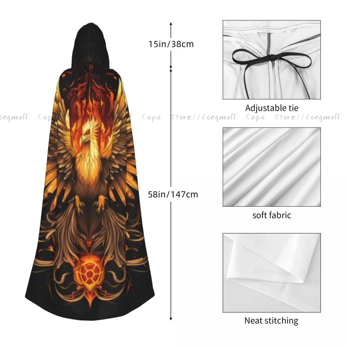 Majestic Phoenix Mythical Bird Cloak Hooded Cosplay Costume Halloween Adult Long Party Cape