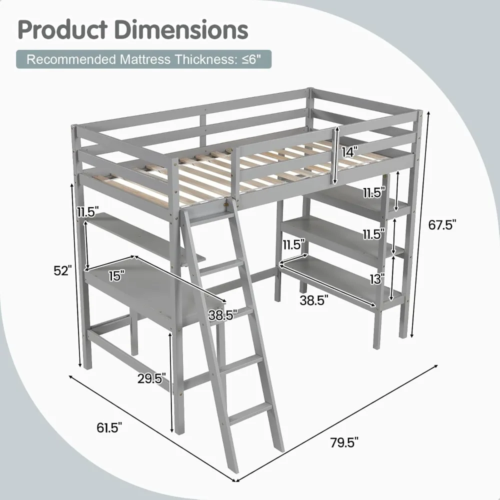 Twin Loft Bed with Desk & Storage Shelves, Solid Wood Loft Bed Frame with Bookcase, Ladder, Guardrails, Twin Size Loft Bed