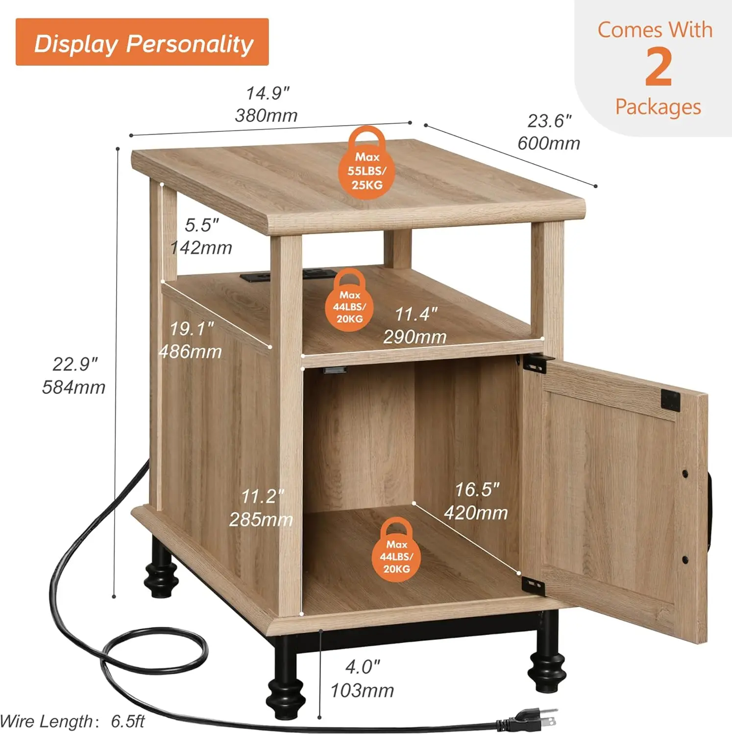 WAMPAT Set of 2 End Tables with Charging Station, Sofa Side Tables with Storage Cabinet for Living Room, Light Wood Bedside Tabl