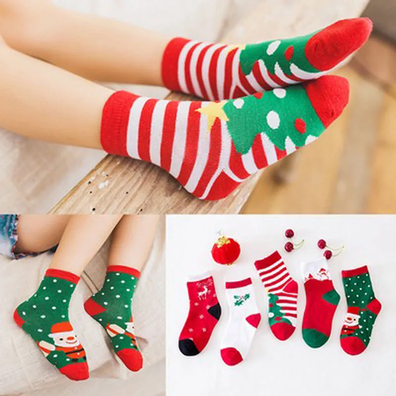 Children's Christmas socks, autumn and winter cartoon cute socks, festive red, Christmas pattern socks, 5 pairs/random 2 pairs