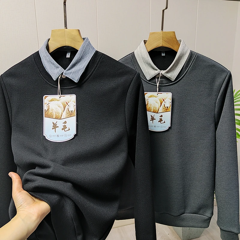 

Busin Gentleman Thiened Woolen Knitted irt Collar Sweater Men's Fake Two-Piece Knitwear Faion Urban Sle Long Sv...