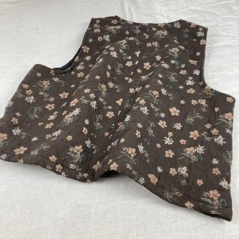 秋冬芸術スタイルの女性ルーズノースリーブコートダブルポケットヴィンテージ花柄厚いコットンリネンプルオーバーベスト T35