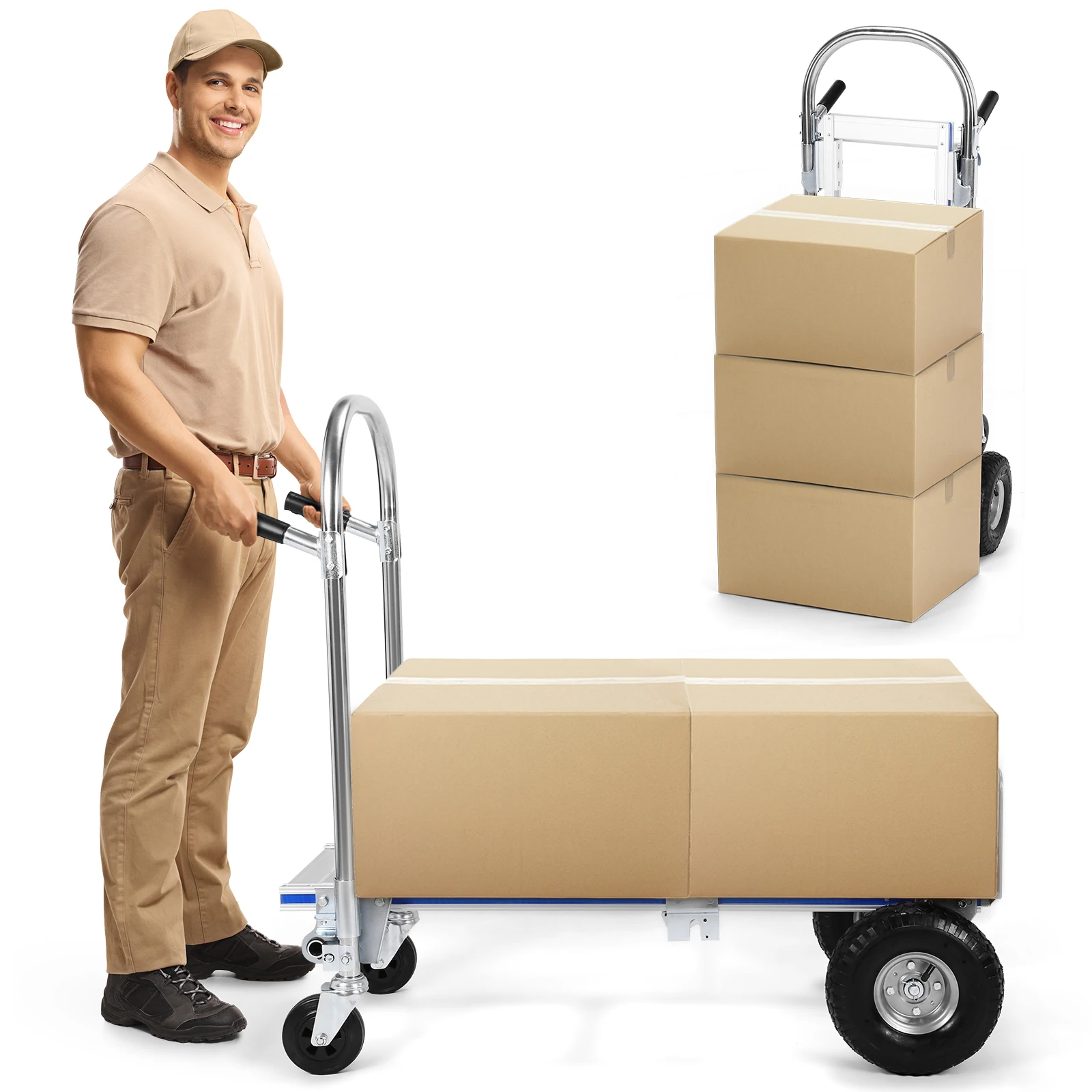 

Тележка-трансформер 2-в-1 из алюминия, грузоподъемность 800 фунтов, с колесами, портативная, для строительства, складов, заводов, для использования внутри и снаружи помещений