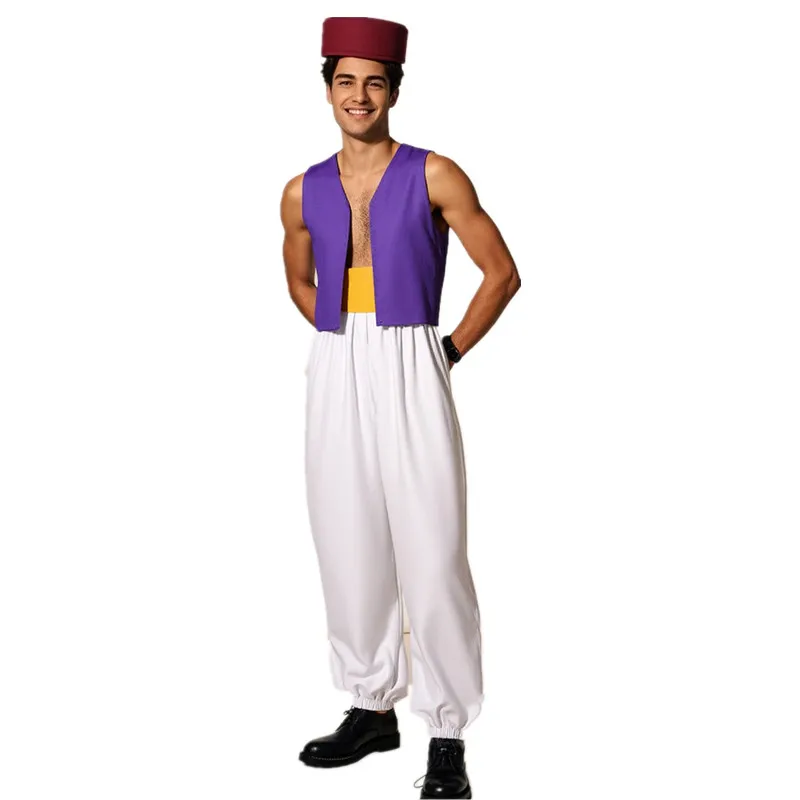 Adulto aladdin príncipe traje nuvens árabes cosplay com cinto e chapéu para festa de halloween desempenho lâmpada de deus vestido de festa