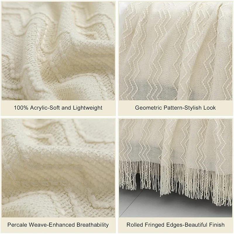 Soft Cozy Knitted Nordic Throw Blanket Cover with Tassel Bed Sofa Travel Plaids for Women Men and Kids Home Decor White