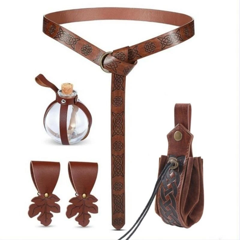 49MD Medieval Costume Belt with Potion Bottle Embossed PU Leather Waist Bag Belt Set Halloween Party Cosplay Accessory
