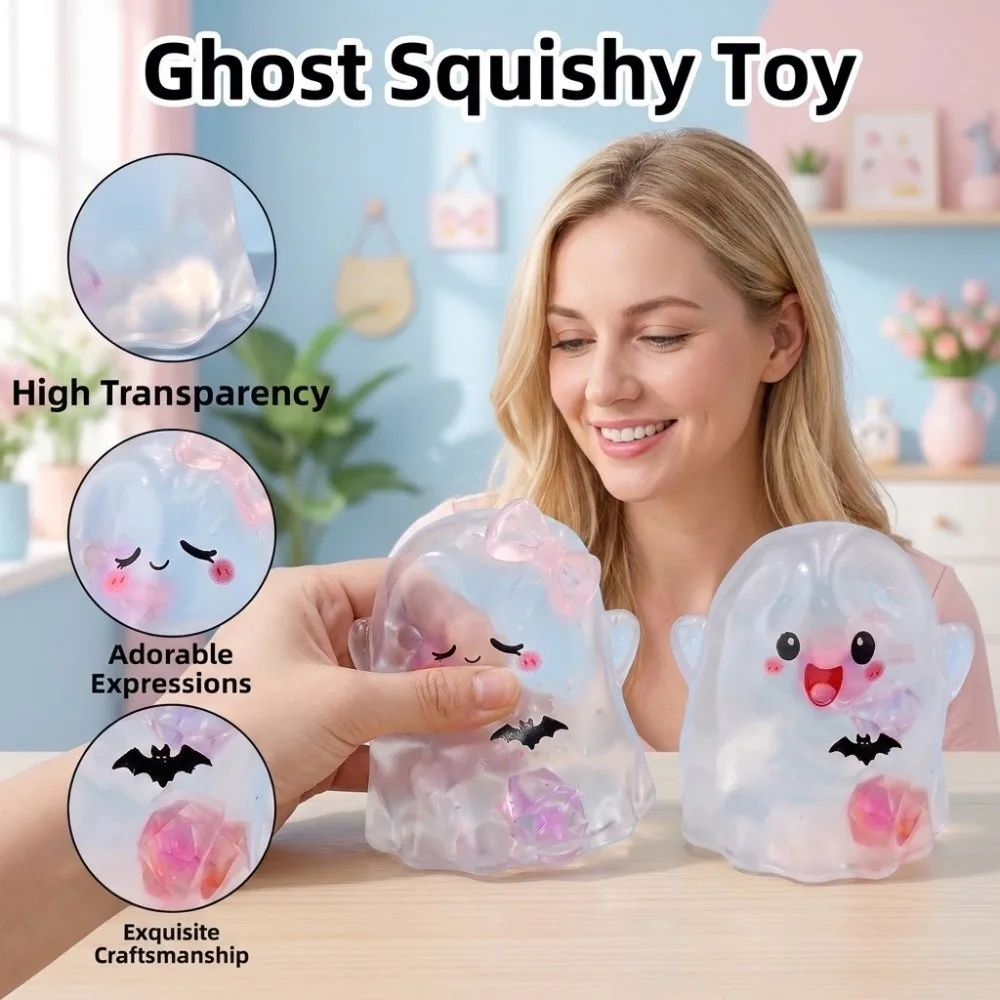 2PCS/SET Portable Cartoon Ghost Squishy Toy TPR Spooky Ghost Fidget Toy Moldable Elastic Slow Rebound Fidget Toy Desktop Decor
