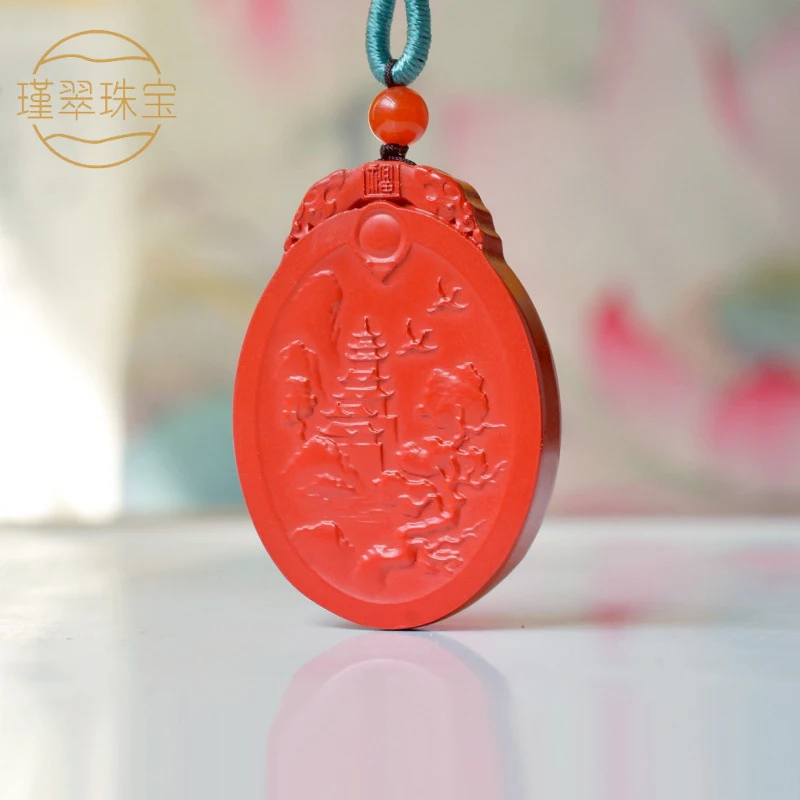 High-content natural red hand-painted landscape pendant with peace