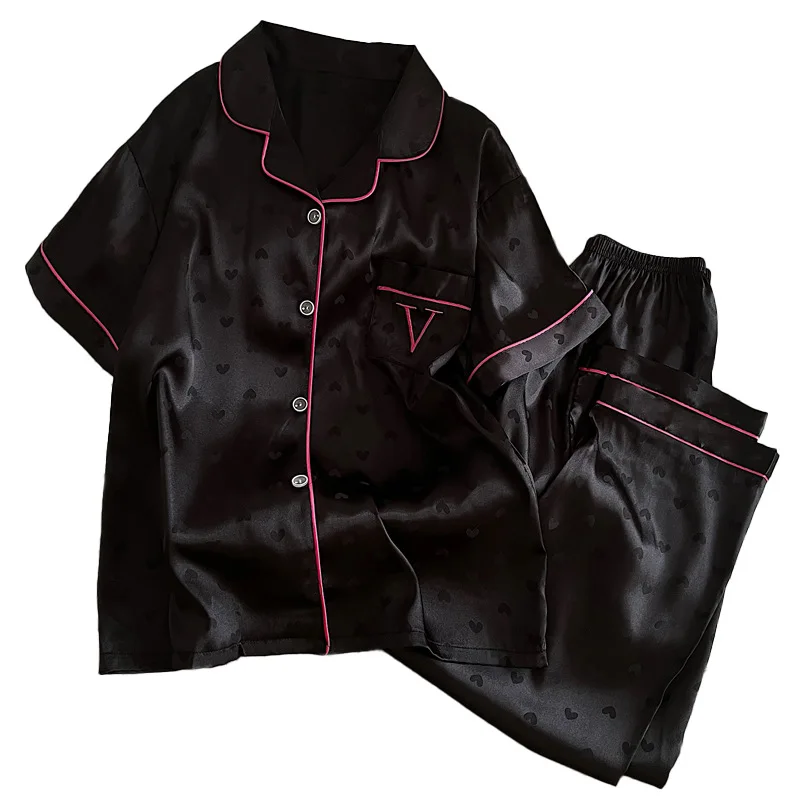 New Summer Women's Floral Pajamas Girls Summer Small Fresh Short-Sleeved Trousers Ice Silk Satin Homewear Suit Actual Photos image 5