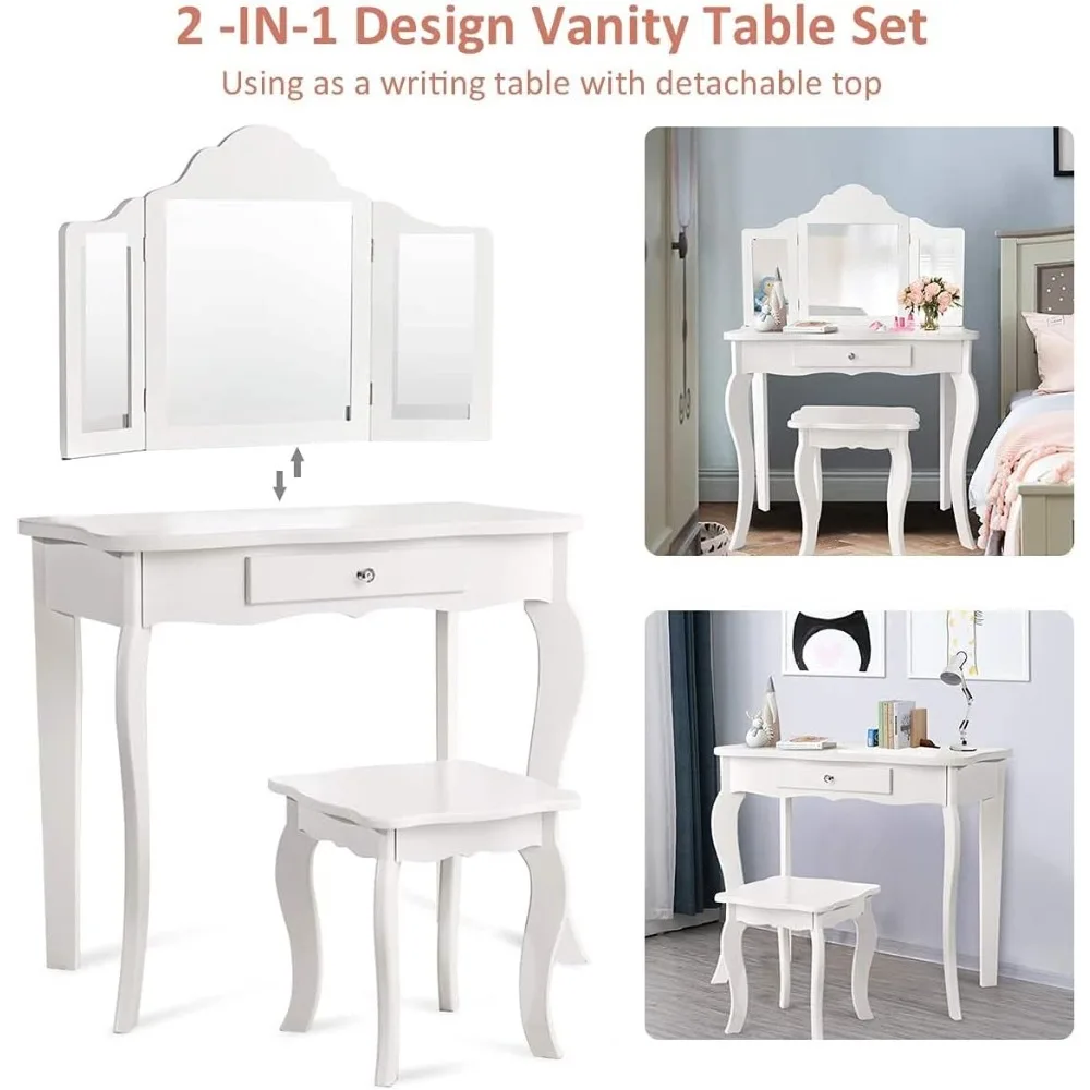 Kids Wooden Vanity Table & Stool Set,  with Dressing Table and Writing Desk