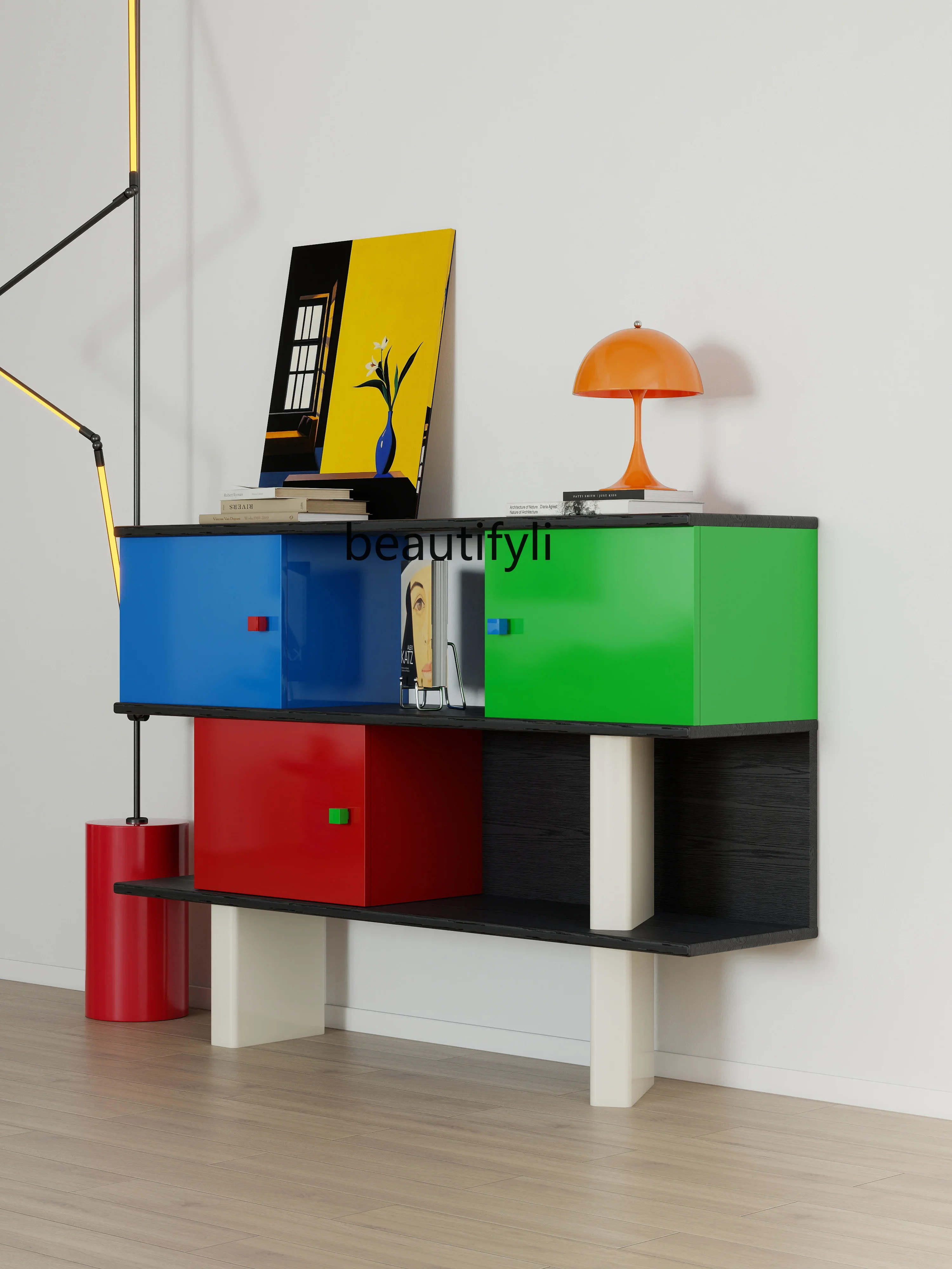 

X1Creative entrance display cabinet Sofa side cabinet Shelf Solid wood retro creative lattice cabinet