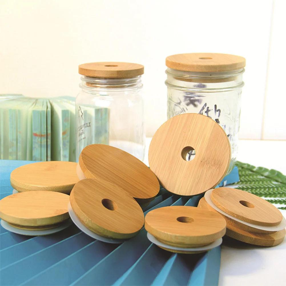 8 szt. bambusowych pokrywek do słoików typu Mason, pokrywki do konserwowania z otworem na słomkę, odłączane silikonowe uszczelki pasujące do większości szklanych słoików na piwo, jogurt.