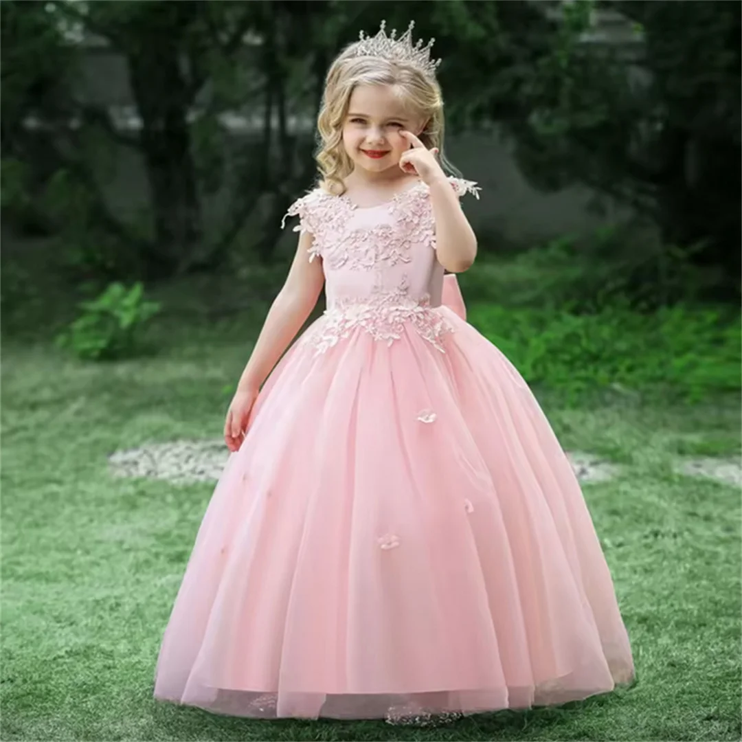 Communion Dresses Lovely Sleeveless Fluffy Tulle Lace Decal Flower Girl Dress Princess Ball Kids Surprise Birthday Present