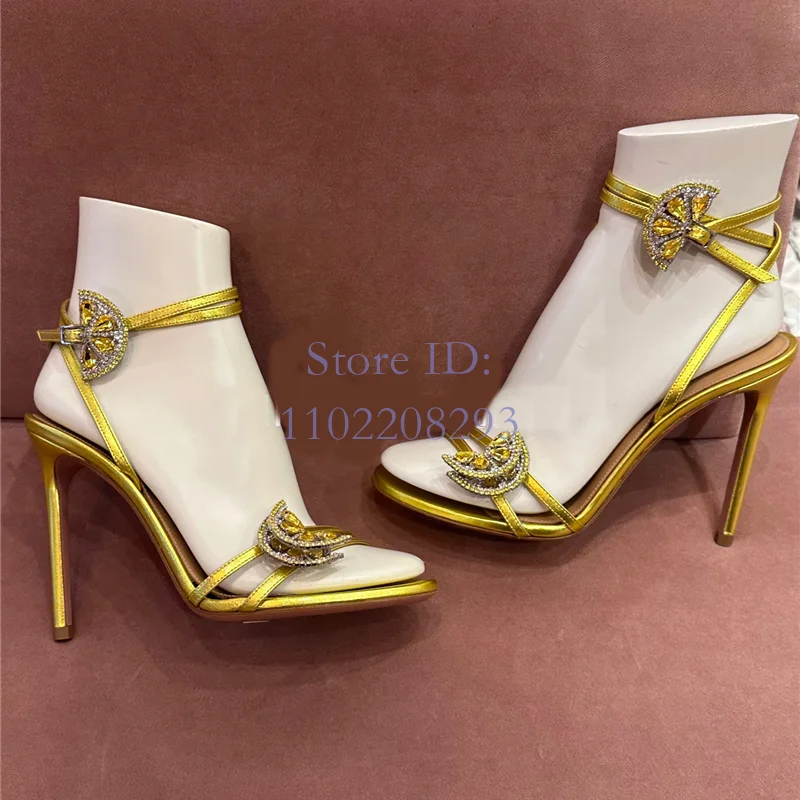 Crystal Gold Lemon Buckle Stilettos Sandals Solid Round Toe Back Strap Thin High Heeled Rome Pumps 2024 Women Gladiator Shoes