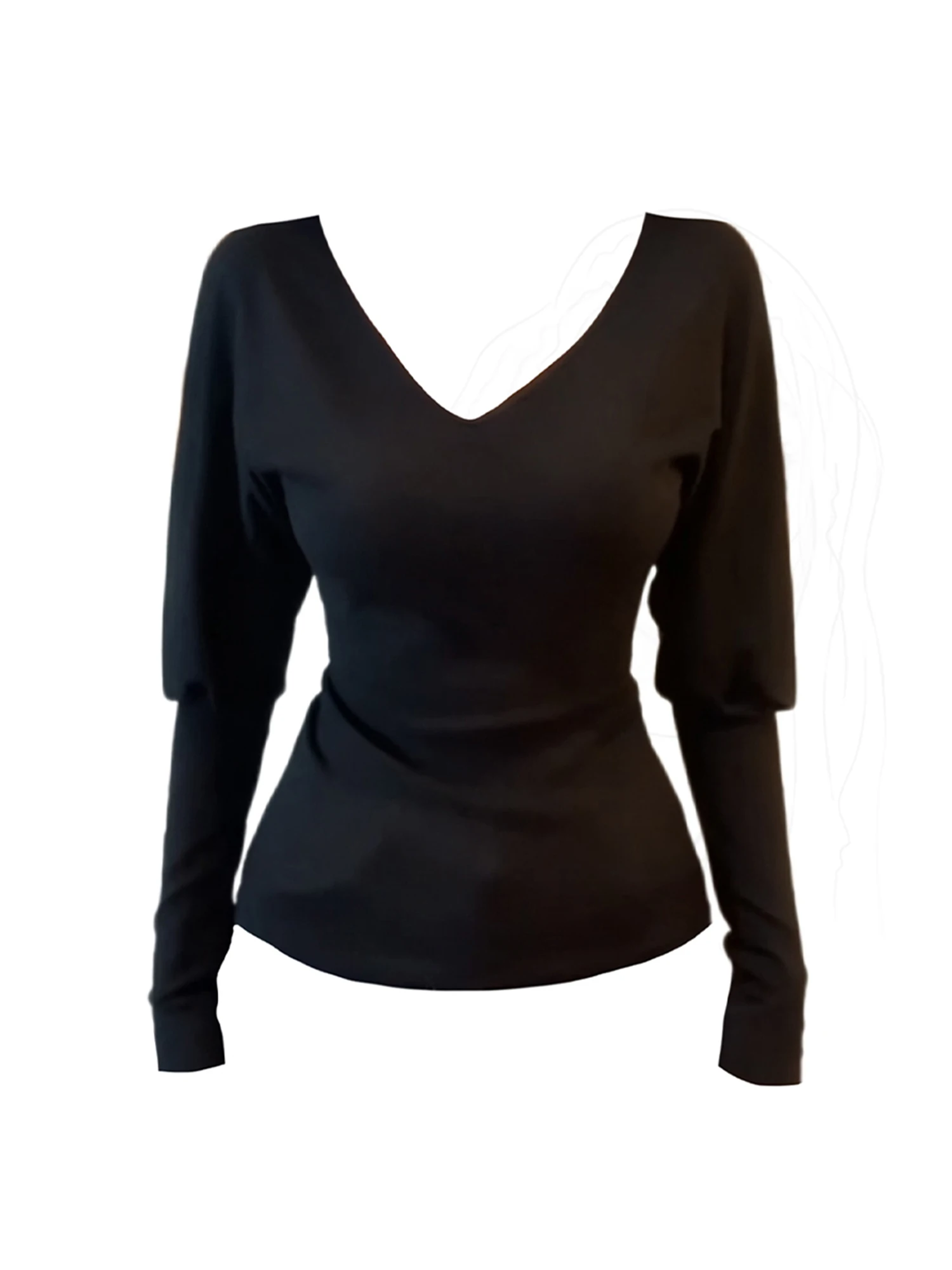 Women Black Gothic Emo V-Neck T-shirt Y2k Gyaru Tee Top 2000s Aesthetic Vintage Long Sleeve Knit T-shirts Clothes Spring Autumn
