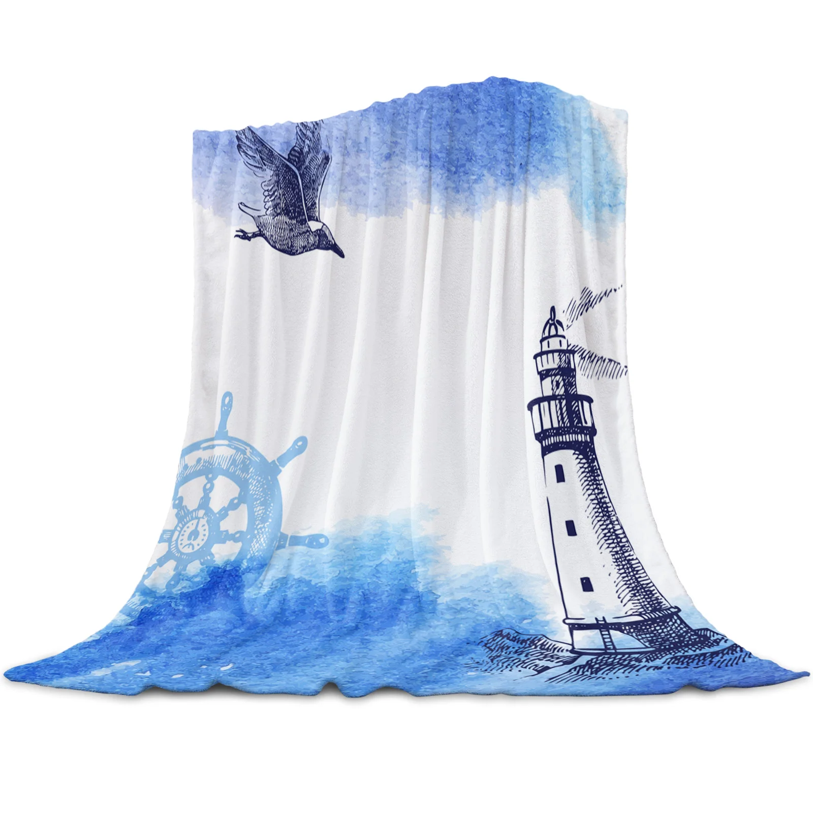 Blue Lighthouse Ocean Watercolor Printed Throw Blanket Flannel Fleece Blankets Soft Throws for Sofa Couch Bed Bedroom Bedspread