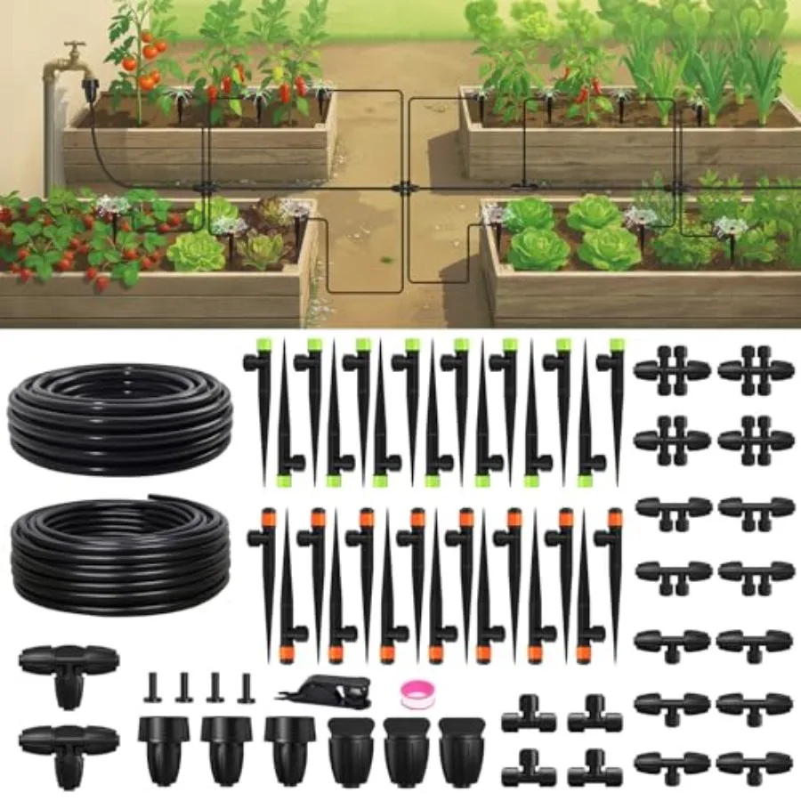 Drip Irrigation System for Greenhouse, Garden Grid, Raised Bed, Potted Plant UV-Resistant Black Polyethylene Tubing with Adjust
