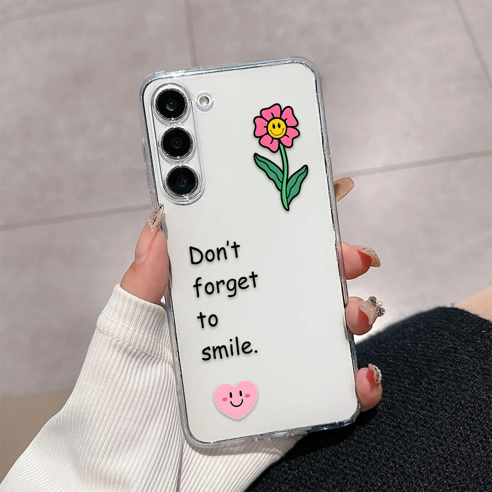 Remember to smile. This transparent phone case is suitable for Samsung Galaxy S26 Ultra, S26, S26 Plus, A14, A15, A16, A17, A25