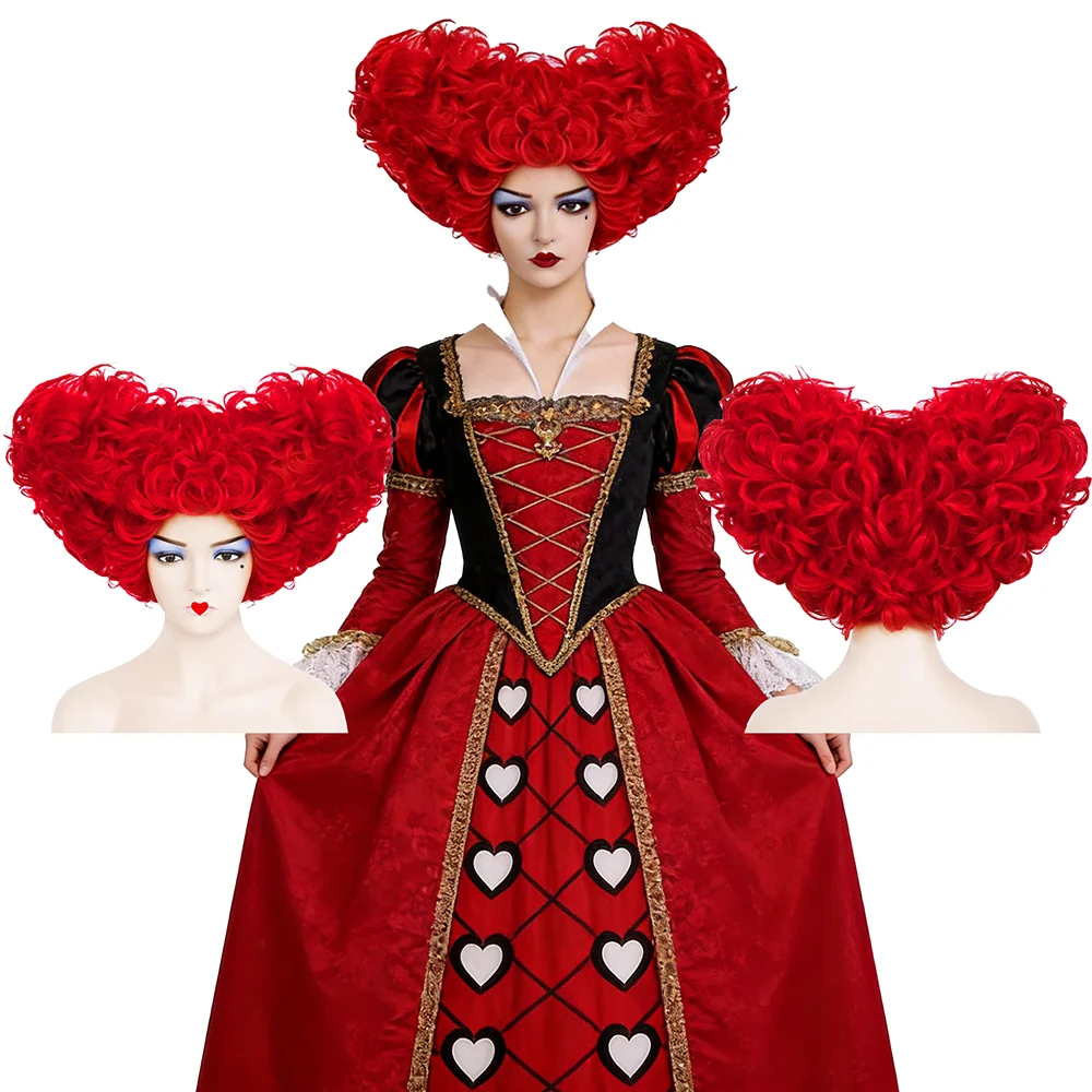 Red Queen Cosplay Wig Queen of Hearts Heart Shaped Bright Red Curly Hair Halloween Party Masquerade Women Anime Role Play Wig