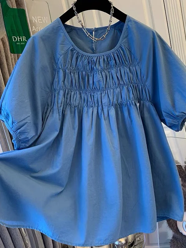 

plus Size Women's Blue Doll Shirt Short Sleeve Pleated Thin Summer Top French Style Loose Fit Pure Cotton Breathable Casual Wear