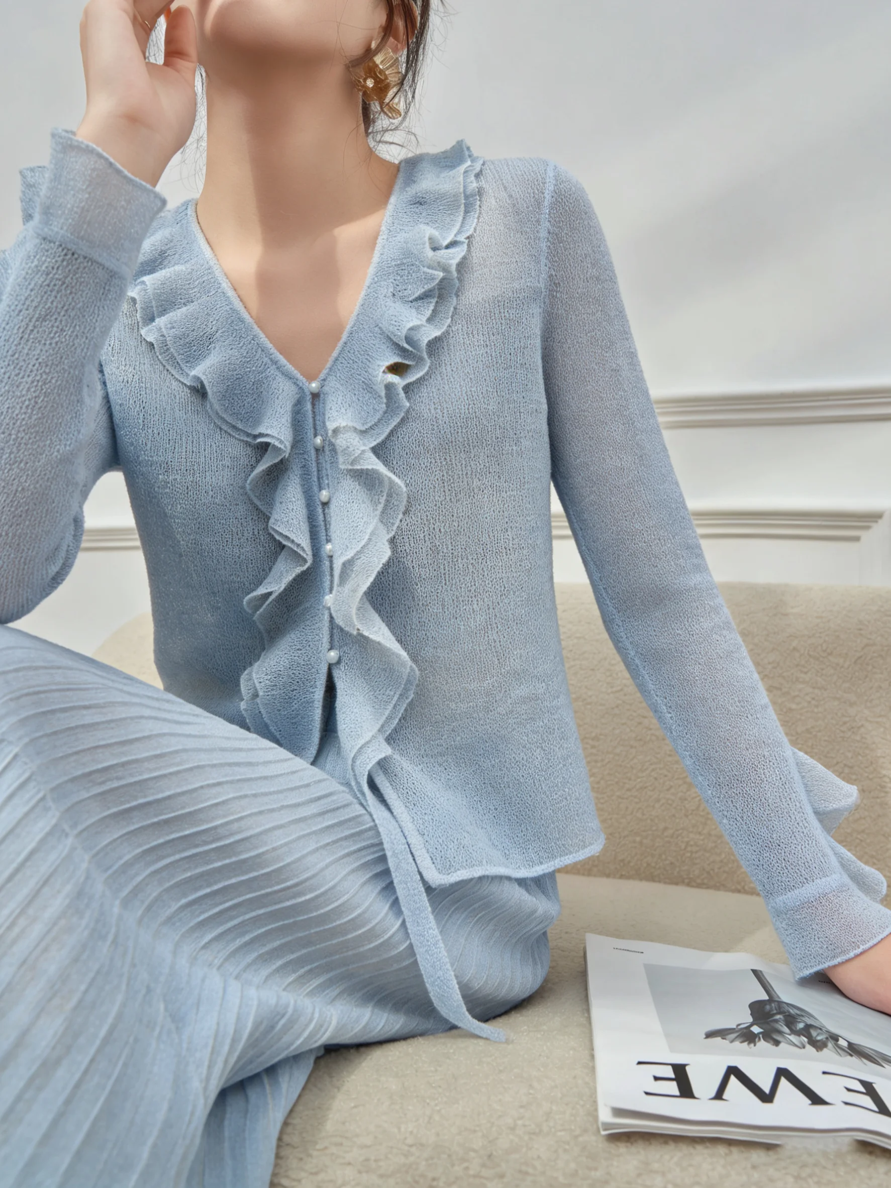 

Blue V-Neck Ruffle Sleeve Shirt And Halter Skirt Set Women's Fashion Summer Outfit High Waist Pure Color Casual Loose Fit