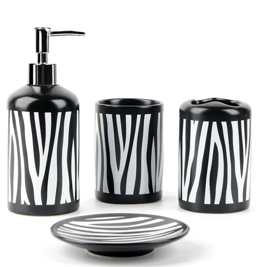 

WPM 4 Piece Ceramic Bathroom Accessories Set with Zebra Print Design for Modern Bathrooms - Includes Elegant Soap or Lotion Dis