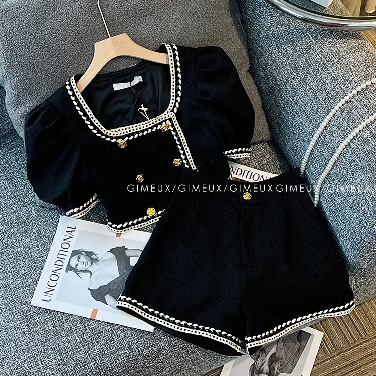 Kids Girls Elegant 2-Piece Set Black Square Neck Top with Gold Buttons and White Trim+Matching Shorts Summer Co-Ord for Toddlers