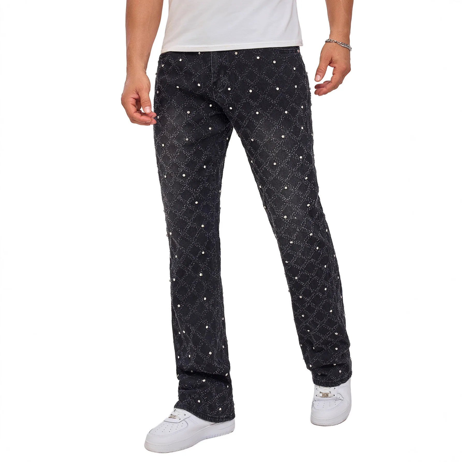 กางเกงยีนส์ทรงตรงผ้ายีนส์ยืดลายลูกปัดสำหรับผู้ชาย แฟชั่นยุโรปสุดฮิต