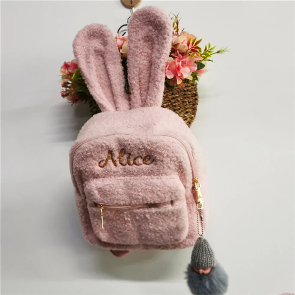 Personalized Name Bunny Backpack Embroidered Name Mini Backpack Rabbit Ear Women Travel Shoulder Bags Plush Backpack Custom Name