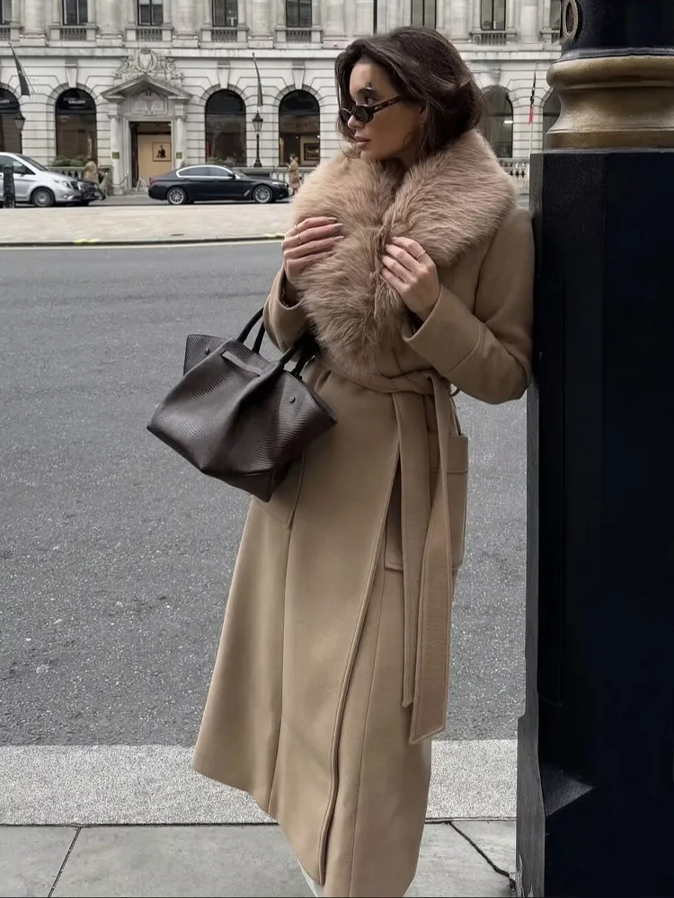 HH-Chaqueta larga de lana con cuello grande para mujer, abrigo elegante con cordones, informal, con dos bolsillos, otoño e invierno, 2025