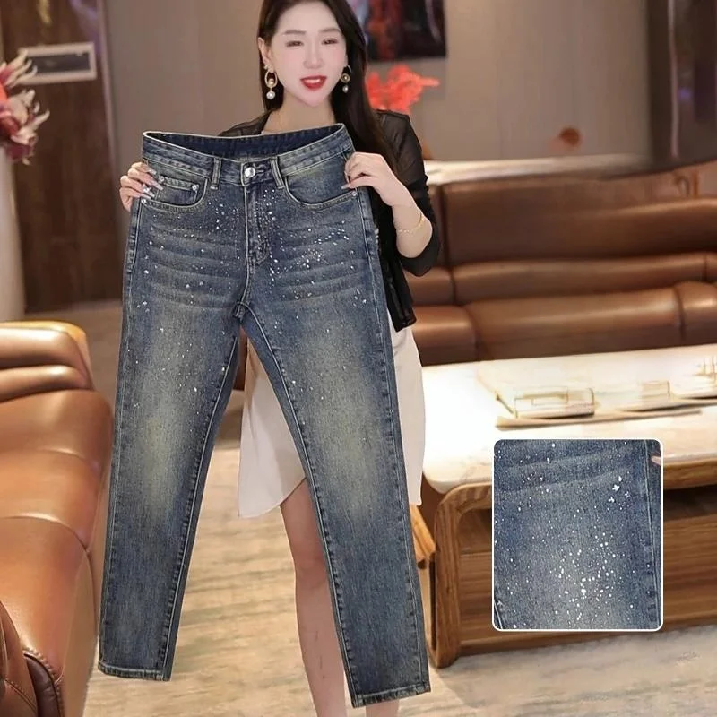 

Мужские джинсы премиум-класса со стразами, приталенные, прямые, с высокой степенью облегания, роскошные, повседневные, молодежные, стильные