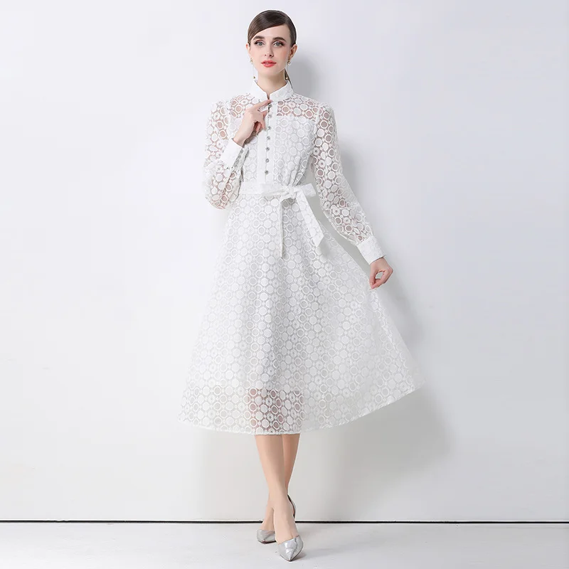 

Autumn New Arrival 2026 Australian Retro Embroidered Hollow out Belted Lantern Sve Dr Women's mid Waist A-Line Dr