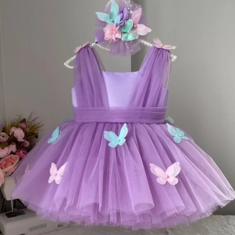 

Flower Girl Dresses Purple Tulle Colorful Butterfly With Bow For Wedding Party Birthday Holy Communion Gowns