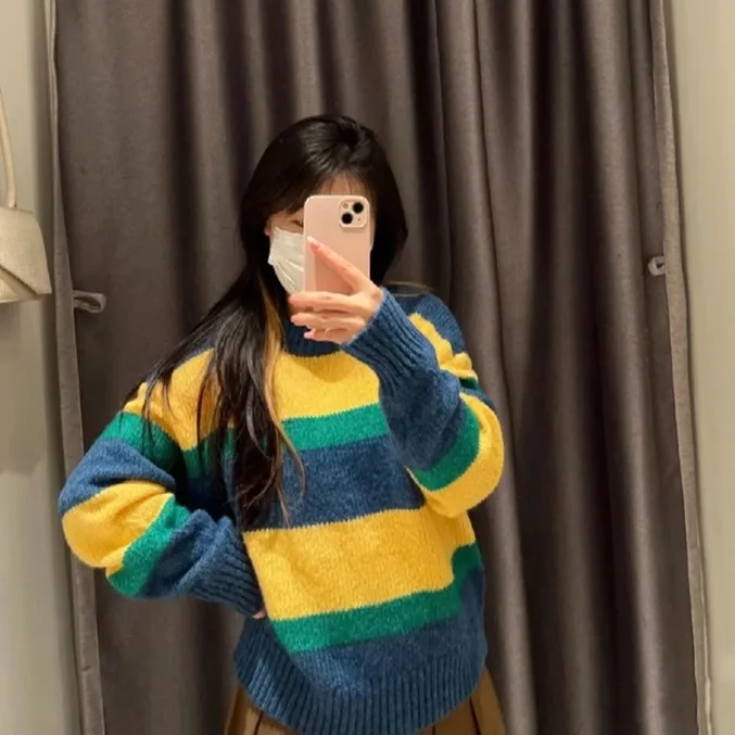 

Active Color Blo Design Loose Fit round Ne Pullover Sweater Spring Autumn Casual Versatile Women's Knittedwear