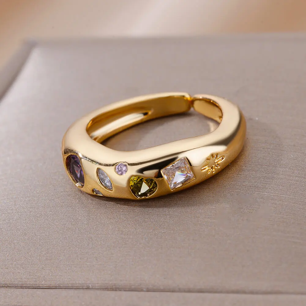 Zircon Heart Finger Rings for Women Gold Color Irregular Stainless Steel Ring Engaement Wedding Aesthetic Jewelry Girls Gift