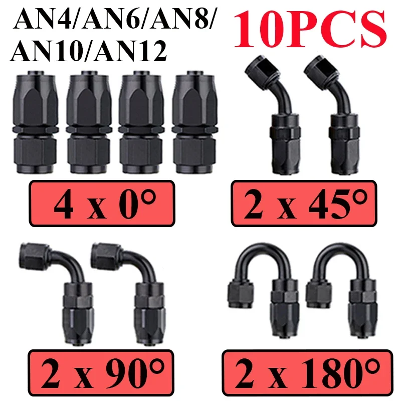 

10Pcs AN4 AN6 AN8 AN10 AN12 Straight 45 90 Degree Aluminum Swivel Hose End Fittings Adapter Reusable For CPE Oil Fuel Line Pipe