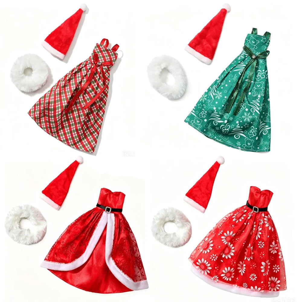 Paquete de 2 disfraces de muñeca con temática navideña, vestido con estampado de árbol verde a cuadros y sombrero, vestido con cuello para muñeca Barbie, juguetes para niños