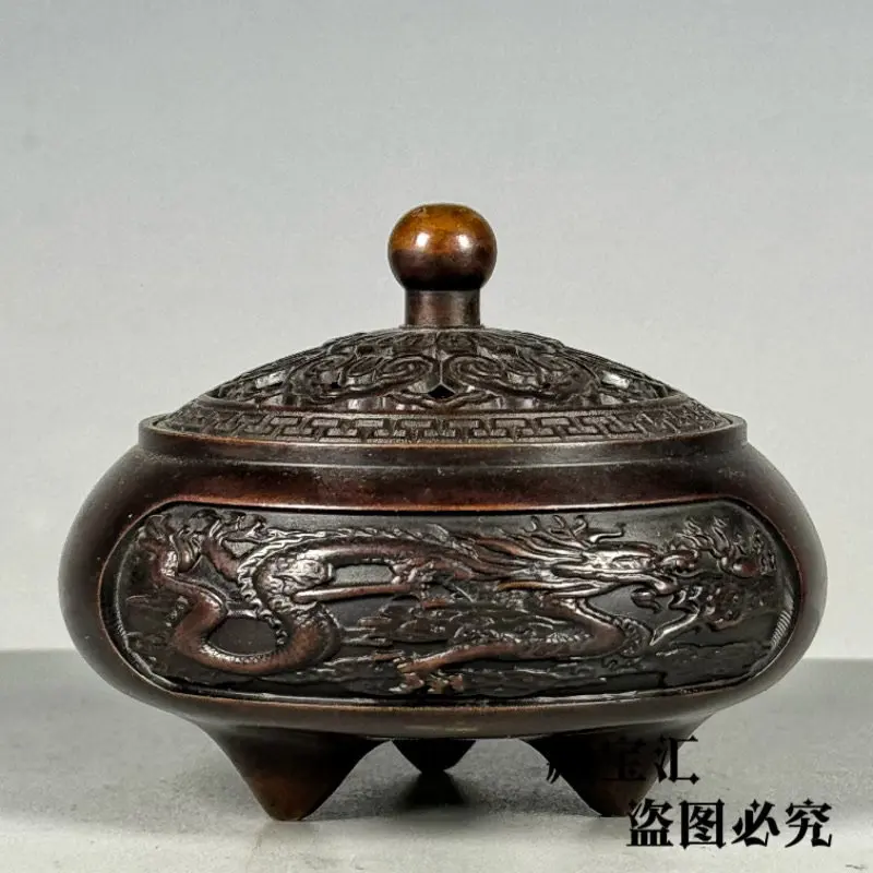 Old Collection Handmade Dragon Phoenix Three Legged Ding Incense Burner Pure Brass Xu Mark Home Collectible Statue Sculpture