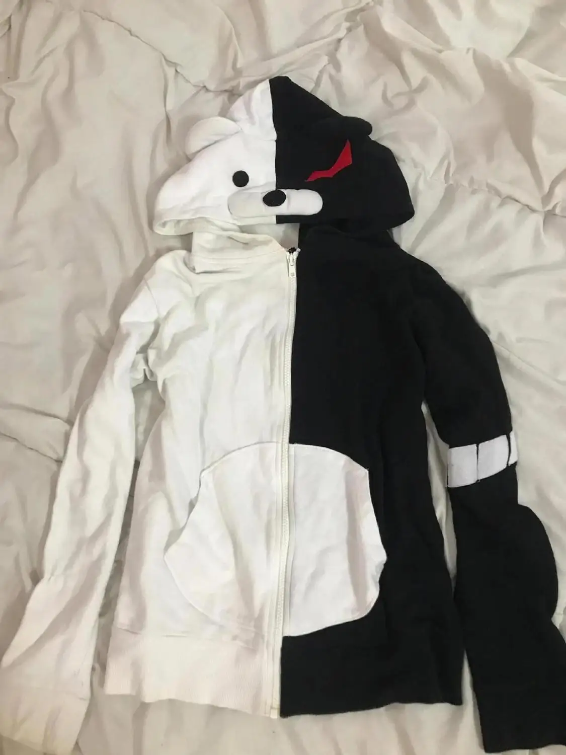 American Vintage Punk Black White Color Blocking Cute Little Bear Anime Hoodie Autumn Winter Loose Long Sleeves Zip Up Hoodie
