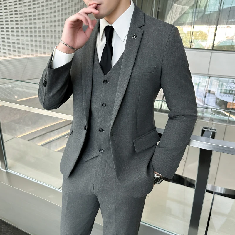 2024 Men\'s Korean Version Slim (suit + Vest + Trousers) Business Casual Fashion Wedding Handsome Suit Set Three Pieces   M-5XL