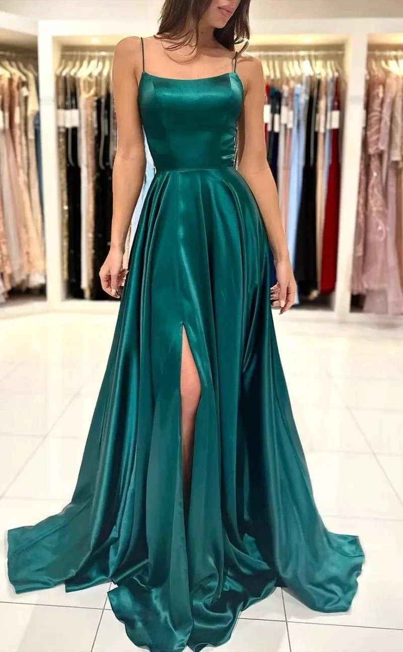 GDYBAO Womens Satin Prom Dresses With Slit 2024 A-line Spaghetti Strap Open Back Evening Dress for Girls Custom Made Vestidos