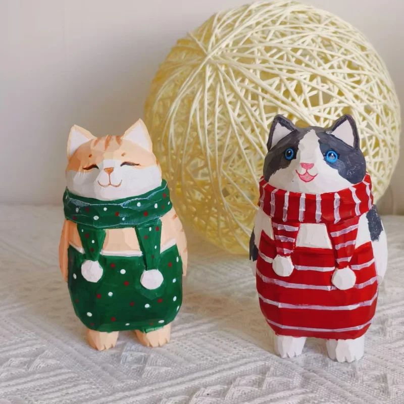 Dirty Cat Hand Carved Wood Figurine Wooden Carving Cartoon Interesting Desk Home Decoration Ornament Living Room Decoration